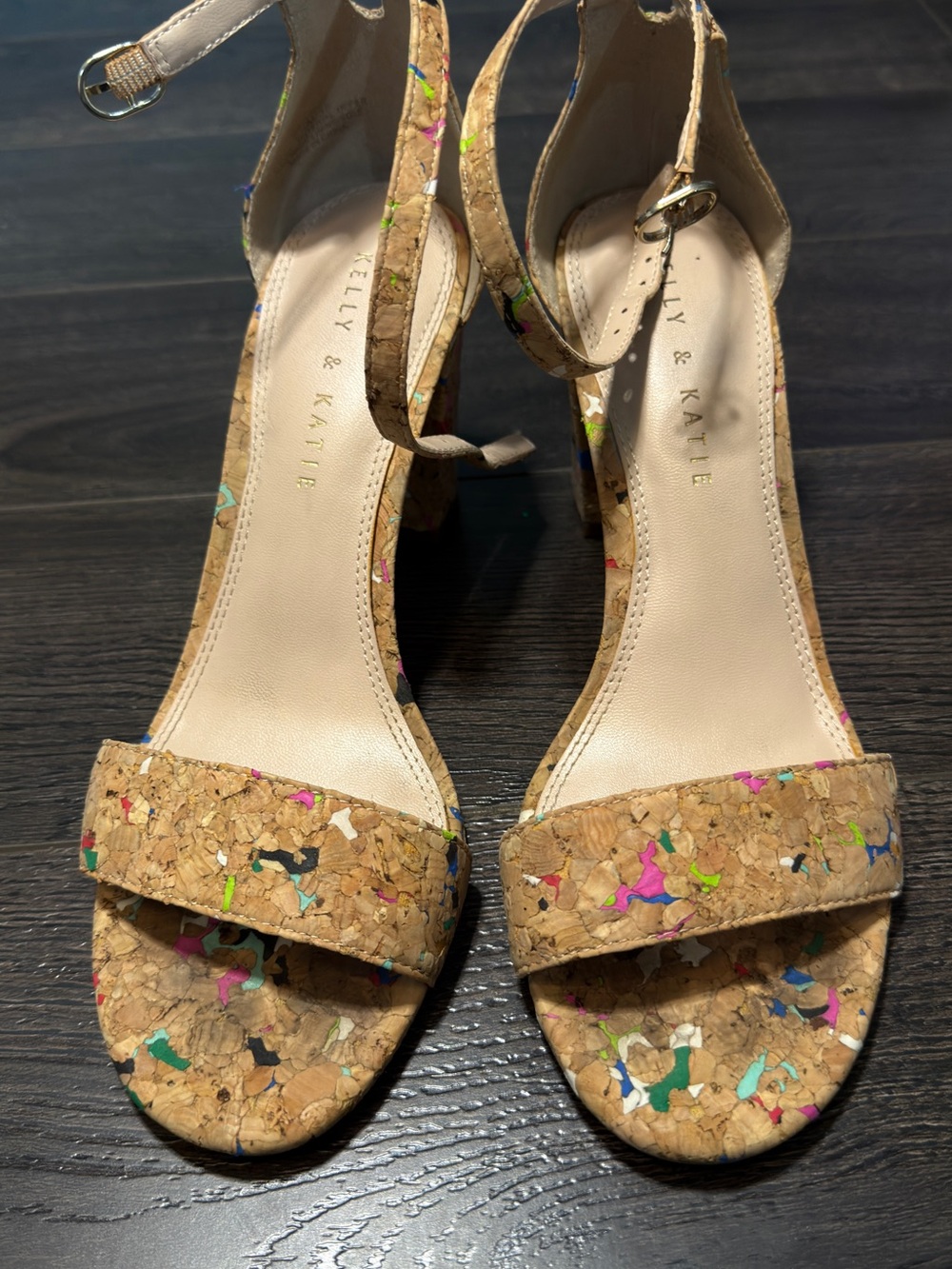 Kelly & Katie Cork Ankle-Strap Heels with Multicolor Flecks
